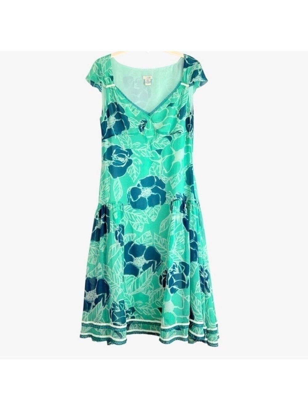 Odille 100% Silk Drop Waist Dress 6 Teal Floral Velvet Lace 90s Y2K Whimsigoth
